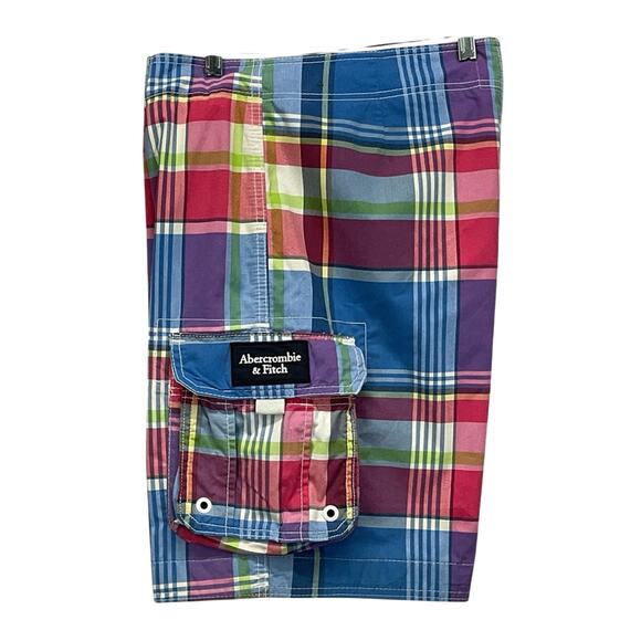 Abercrombie Fitch Cargo Tugger Board Shorts Men's M Multicolor Plaid Swim Trunk - Picture 3 of 8